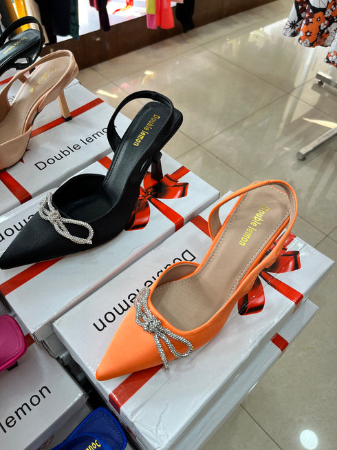 New Women Pointed Toe Butterfly Knot Crystal Pumps Flock Thin Heel